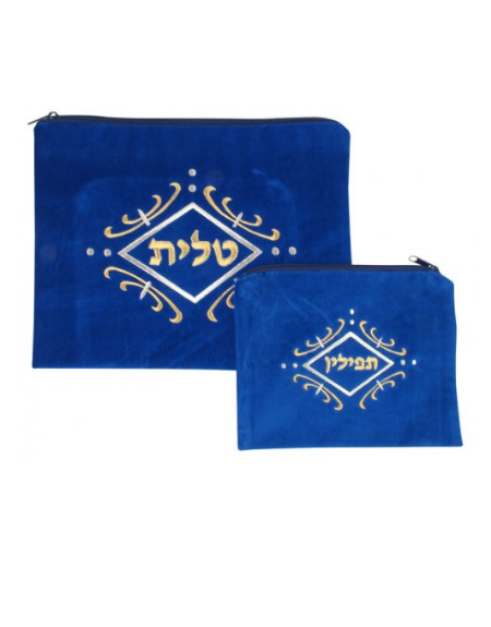 Ensemble pochettes talit Tefilines velours bleu royal- Arabesques